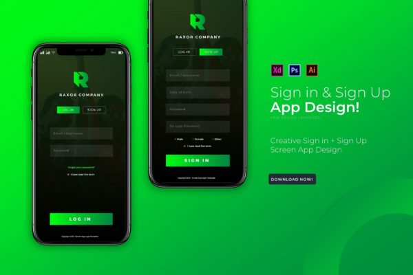 简约风格移动应用程序注册登录界面设计大洋岛精选模板 Raxor Sign In & Sign Up | App Design