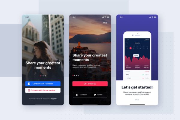 社交APP应用启动页引导页设计大洋岛精选模板 On boarding concept for mobile Interface