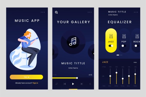 在线听歌APP应用界面设计PSD&AI模板 Mobile Apps Screen For Music Apps PSD and AI缩略图 在线听歌APP应用界面设计PSD&AI模板 Mobile Apps Screen For Music Apps PSD and AI