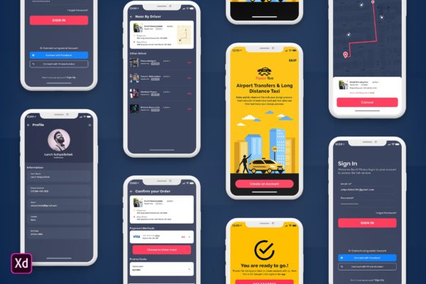 网约车/顺风车APP应用界面设计XD模板[黑暗模式] Taxi Booking Mobile App UI Kit Dark Version (XD)