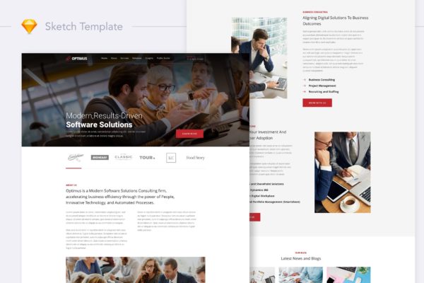 软件解决方案咨询公司网站着陆页设计SKETCH模板 Optimus – Software Consulting Firm Website Landing