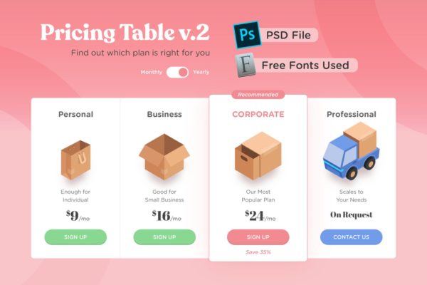 网站服务多套餐价格表单UI设计大洋岛精选模板v02 Pricing Table v.02