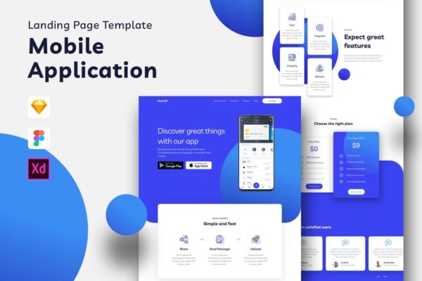 手机APP产品官网着陆页设计大洋岛精选模板[FIG, SKETCH, XD] Mobile Application Landing Page Template