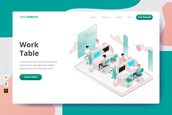 办公室场景插画网站着陆页设计大洋岛精选模板 Work Table – Landing Page
