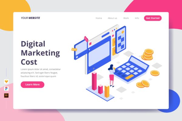 数字营销成本矢量插画网站着陆页设计大洋岛精选模板 Digital Marketing Cost – Landing Page