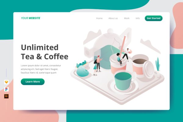 咖啡&饮茶文化主题插画网站着陆页设计大洋岛精选模板 Unlimited Tea & Coffee – Landing Page
