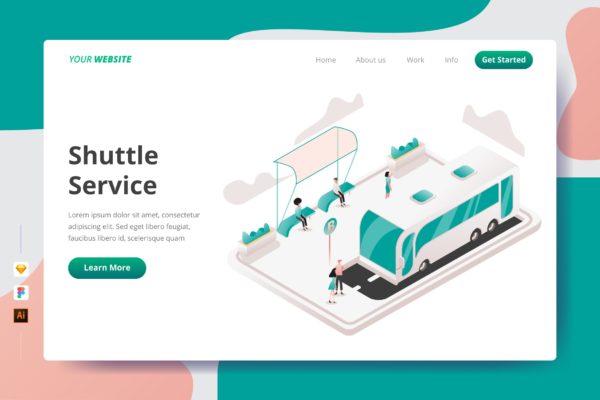 班车公共汽车服务矢量插画网站着陆页设计大洋岛精选模板 Shuttle Service – Landing Page