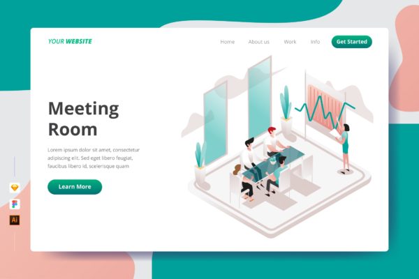 会议室场景插画网站着陆页设计大洋岛精选模板 Meeting Room – Landing Page