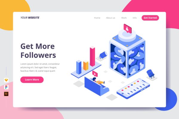 粉丝经济主题插画网站着陆页设计大洋岛精选模板 Get More Followers – Landing Page