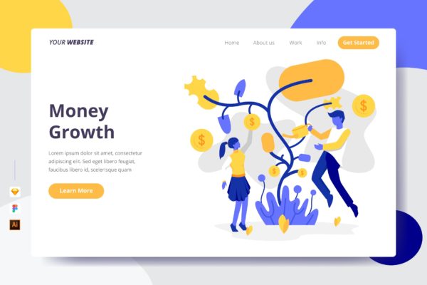 货币升值主题插画网站着陆页设计大洋岛精选模板 Money Growth – Landing Page