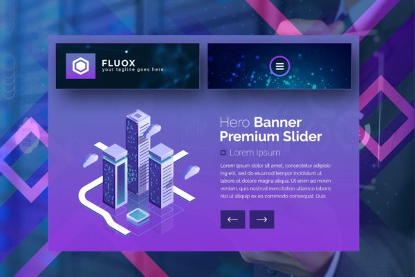 智能办公大楼主题插画网站着陆页设计大洋岛精选模板 Fluox – Hero Banner Landing Page Template