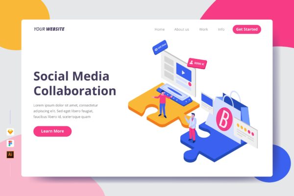 社交媒体协作主题插画网站着陆页设计大洋岛精选模板 Social Media Collaboration – Landing Page