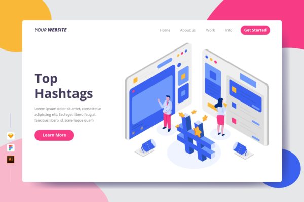 Top标签矢量插画网站着陆页设计大洋岛精选模板 Top Hashtags – Landing Page