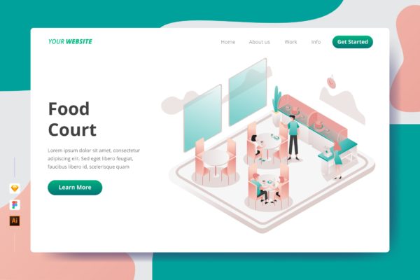 美食广场矢量插画网站着陆页设计大洋岛精选模板 Food Court – Landing Page