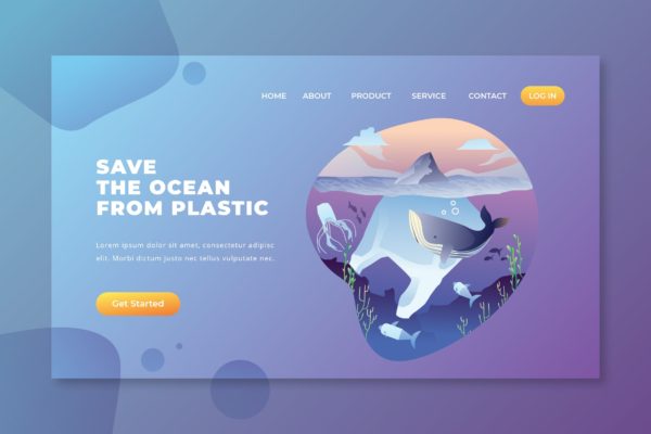 拒绝塑料污染拯救海洋主题矢量插画网站着陆页设计PSD&AI模板 Save The Ocean from Plastic – PSD AI Landing Page