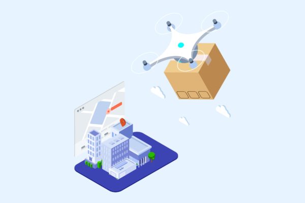 无人机快递派送场景等距大洋岛精选概念插画v2 Drones Delivery Isometric Illustration – T2