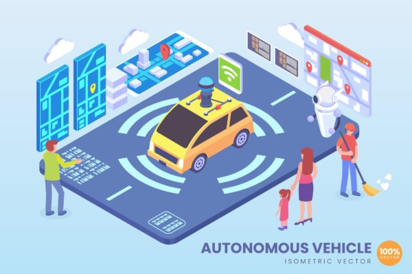 AI智能驾驶技术等距矢量大洋岛精选概念插画素材 Isometric Autonomous Vehicle Technology Vector
