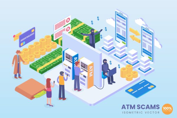 ATM诈骗主题等距矢量大洋岛精选概念插画素材 Isometric ATM Scams Vector Concept