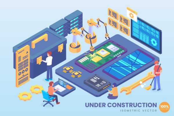 自动化机械制造场景等距矢量大洋岛精选概念插画素材 Isometric Mobile Under Construction Vector Concept