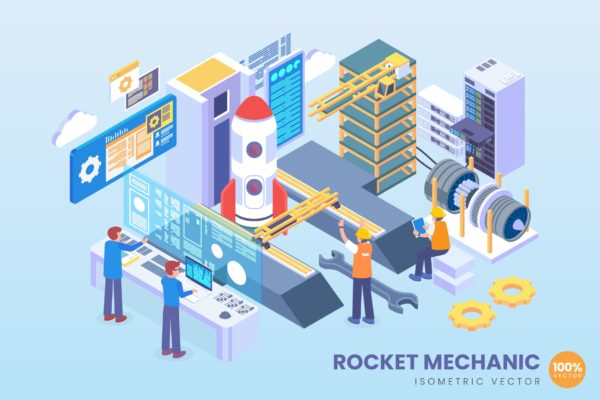 航天火箭研发中心场景等距矢量大洋岛精选概念插画素材 Isometric Rocket Mechanic Vector Concept