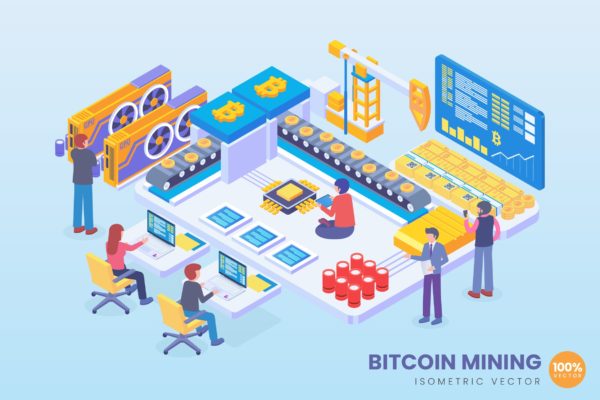 比特币挖矿等距矢量大洋岛精选概念插画v2 Isometric Bitcoin Mining Vector Concept