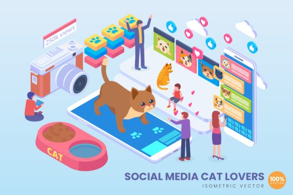 宠物社交主题等距矢量大洋岛精选概念插画v1 Isometric Social Media Cat Lover Vector Concept