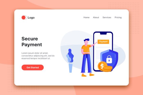 安全交易-网上银行APP设计大洋岛精选概念插画 Secure payment – Online Banking app concept
