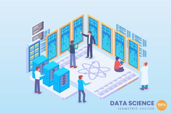 数据科学等距矢量大洋岛精选概念插画v4 Isometric Data Science Vector Concept