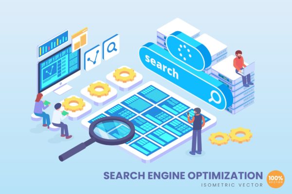 SEO搜索引擎优化技术等距矢量科技大洋岛精选概念插画v1 Isometric Search Engine SEO Vector Concept