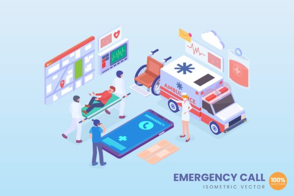 医疗紧急呼叫主题等距矢量大洋岛精选概念插画 Isometric Emergency Call Vector Concept