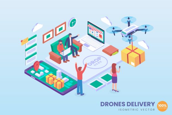 无人机运载技术等距矢量科技大洋岛精选概念插画 Isometric Drone Delivery Vector Concept