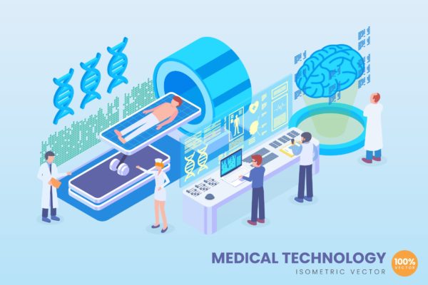 新型医学技术等距矢量科技大洋岛精选概念插画v2 Isometric Medical Technology Vector Concept
