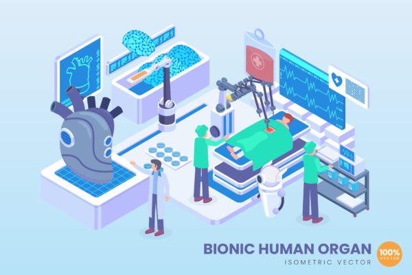 仿生人体器官主题等距矢量科技大洋岛精选概念插画v1 Isometric Bionic Human Organ Vector Concept