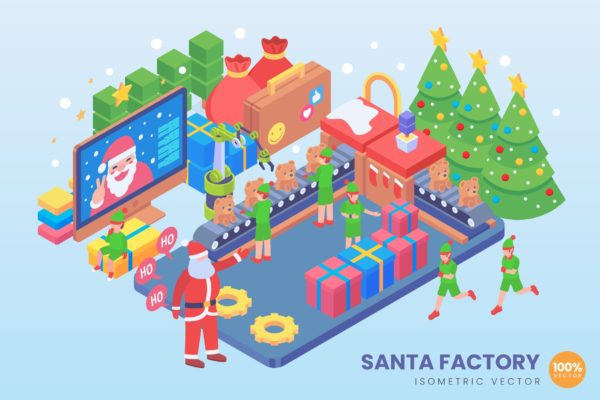 圣诞工厂等距矢量科技大洋岛精选概念插画v1 Isometric Santa Factory Vector Concept