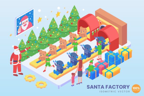 圣诞工厂等距矢量科技大洋岛精选概念插画v2 Isometric Santa Factory Vector Concept