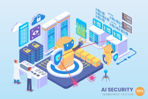 人工智能安全技术等距矢量大洋岛精选科技概念插画 Isometric AI Security Technology Vector Concept