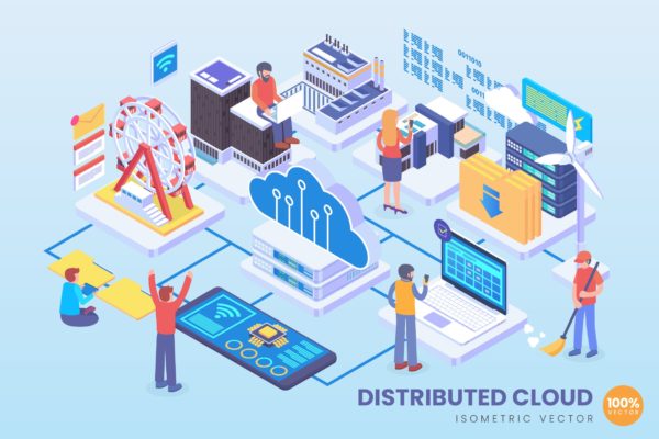 分布式云技术等距矢量大洋岛精选科技概念插画 Isometric Distributed Cloud Technology Vector缩略图 分布式云技术等距矢量大洋岛精选科技概念插画 Isometric Distributed Cloud Technology Vector