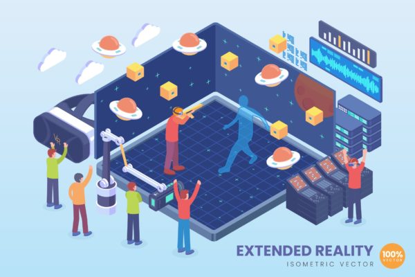 等距XR虚拟现实等距矢量大洋岛精选科技概念插画 Isometric XR Extended Reality Vector Concept