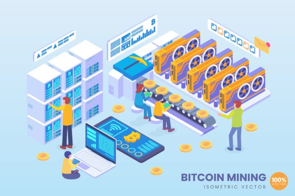比特币挖矿等距矢量大洋岛精选概念插画v1 Isometric Bitcoin Mining Vector Concept