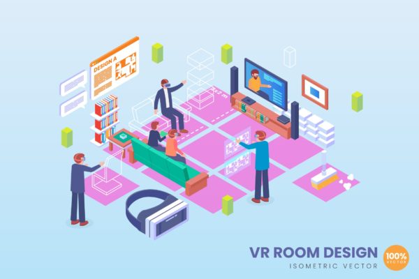 VR虚拟现实房间设计等距矢量科技大洋岛精选概念插画v2 Isometric VR Room Design Vector Concept 2