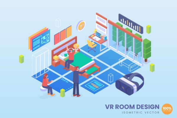 VR虚拟现实房间设计等距矢量科技大洋岛精选概念插画v1 Isometric VR Room Design Vector Concept