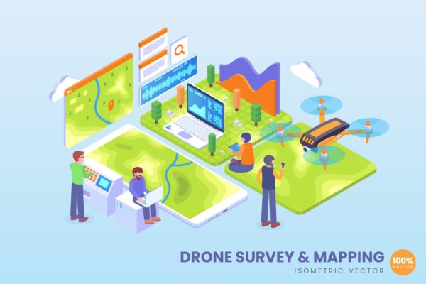 无人机测绘技术等距矢量科技大洋岛精选概念插画 Isometric Drone Survey and Mapping Vector Concept