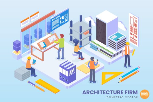 现代建筑技术等距矢量科技大洋岛精选概念插画 Isometric Architecture Firm Vector Concept