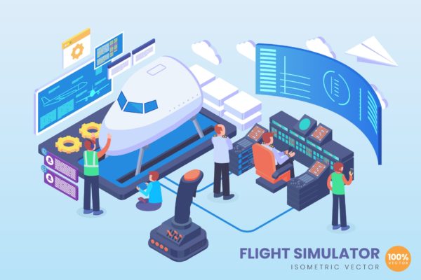 飞行模拟器技术等距矢量科技大洋岛精选概念插画v2 Isometric Flight Simulator Technology Vector