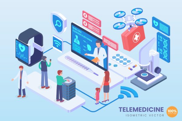 远程医疗技术等距矢量科技大洋岛精选概念插画 Isometric Telemedicine Vector Concept