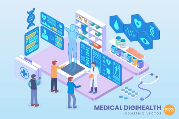 医学数字健康等距矢量科技大洋岛精选概念插画 Isometric Medical Digihealth Vector Concept