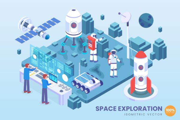 太空探测技术等距矢量科技大洋岛精选概念插画 Isometric Space Exploration Technology Vector