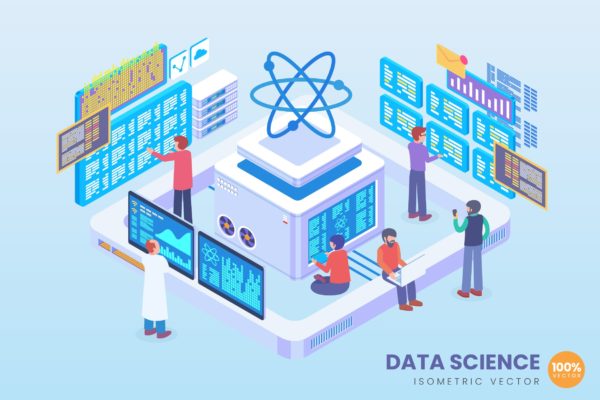 数据科学等距矢量大洋岛精选概念插画v1 Isometric Data Science Vector Concept