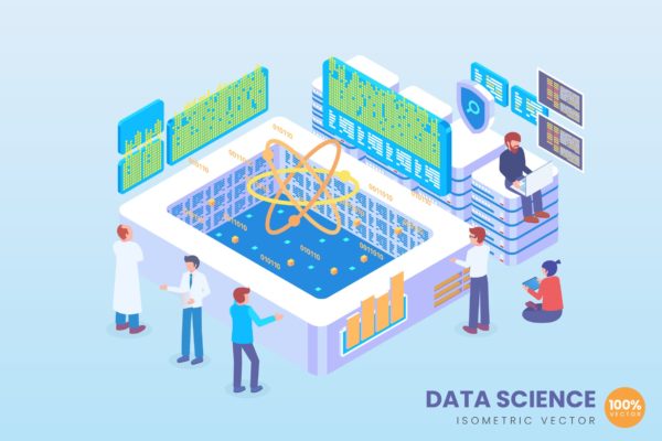 数据科学等距矢量大洋岛精选概念插画v3 Isometric Data Science Vector Concept