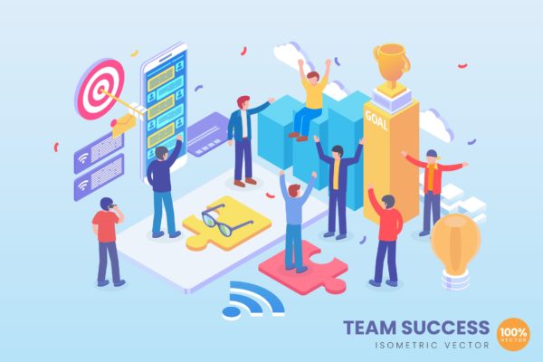团队成功主题等距矢量大洋岛精选概念插画 Isometric Team Success Vector Concept